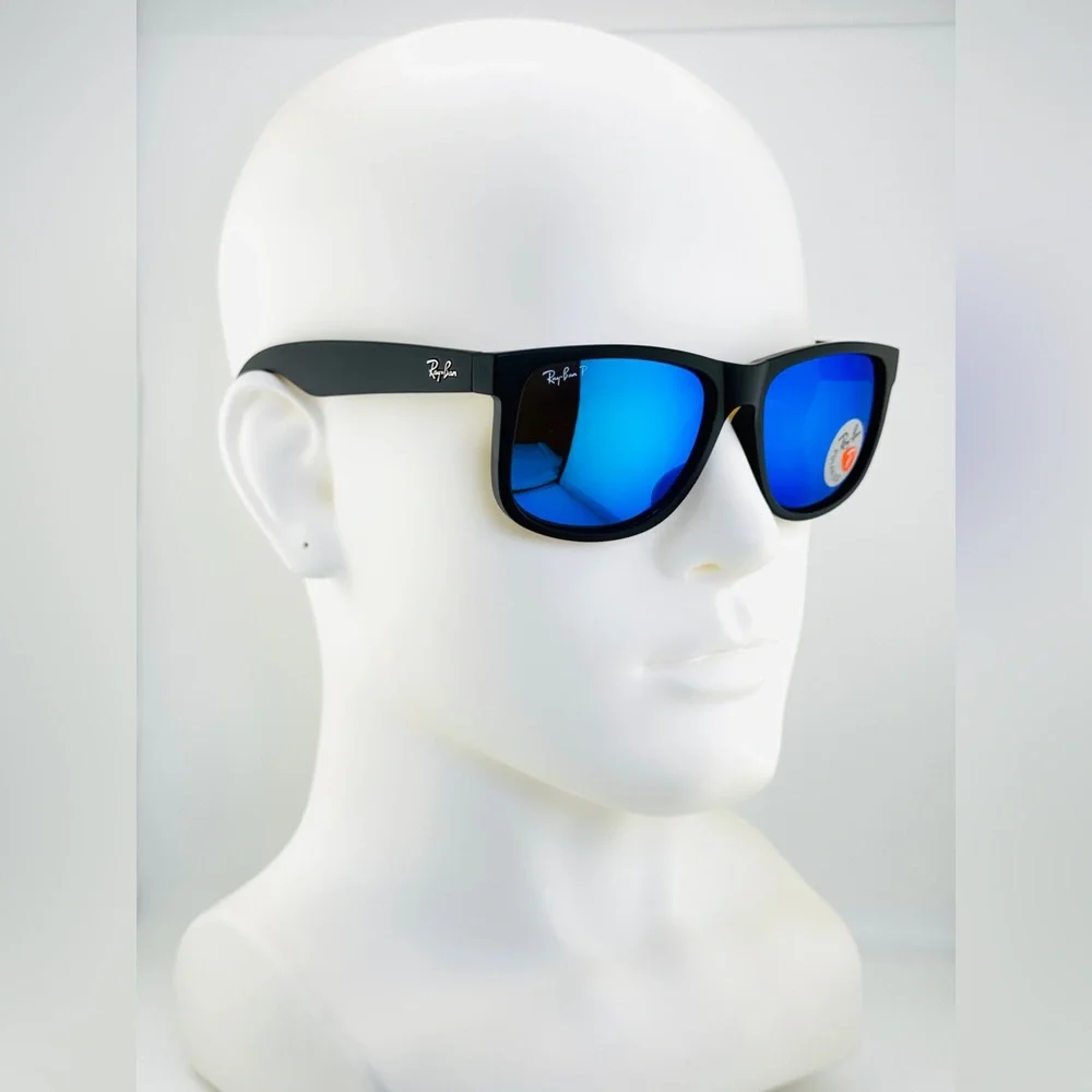 Ray-Ban Justin Sunglasses RB4165 Matte Rubber Black Frame Blue Mirror Lenses